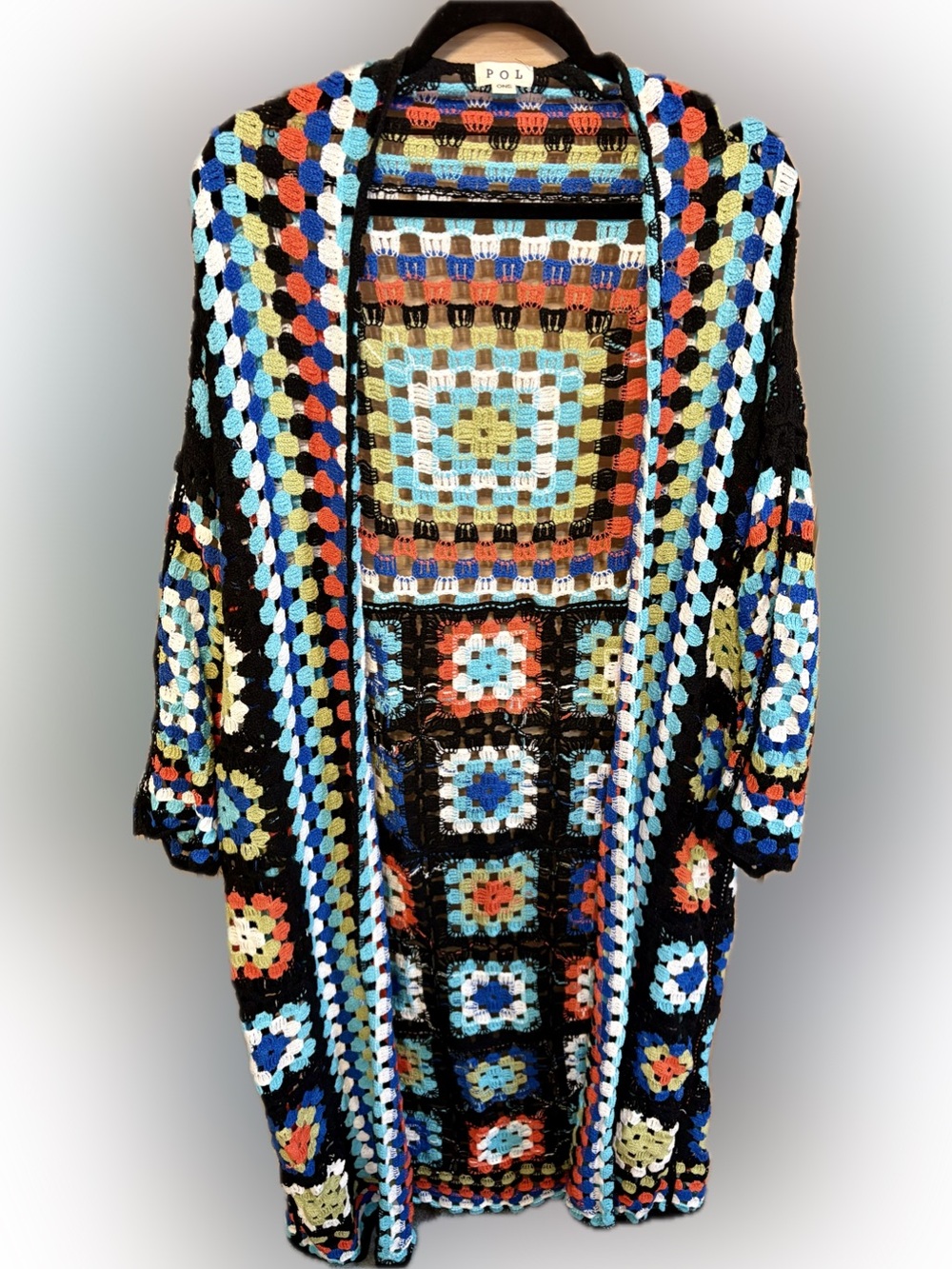POL Multicolor Crochet Open-Front Cardigan — Black, Blue, Cream, Orange, Tan